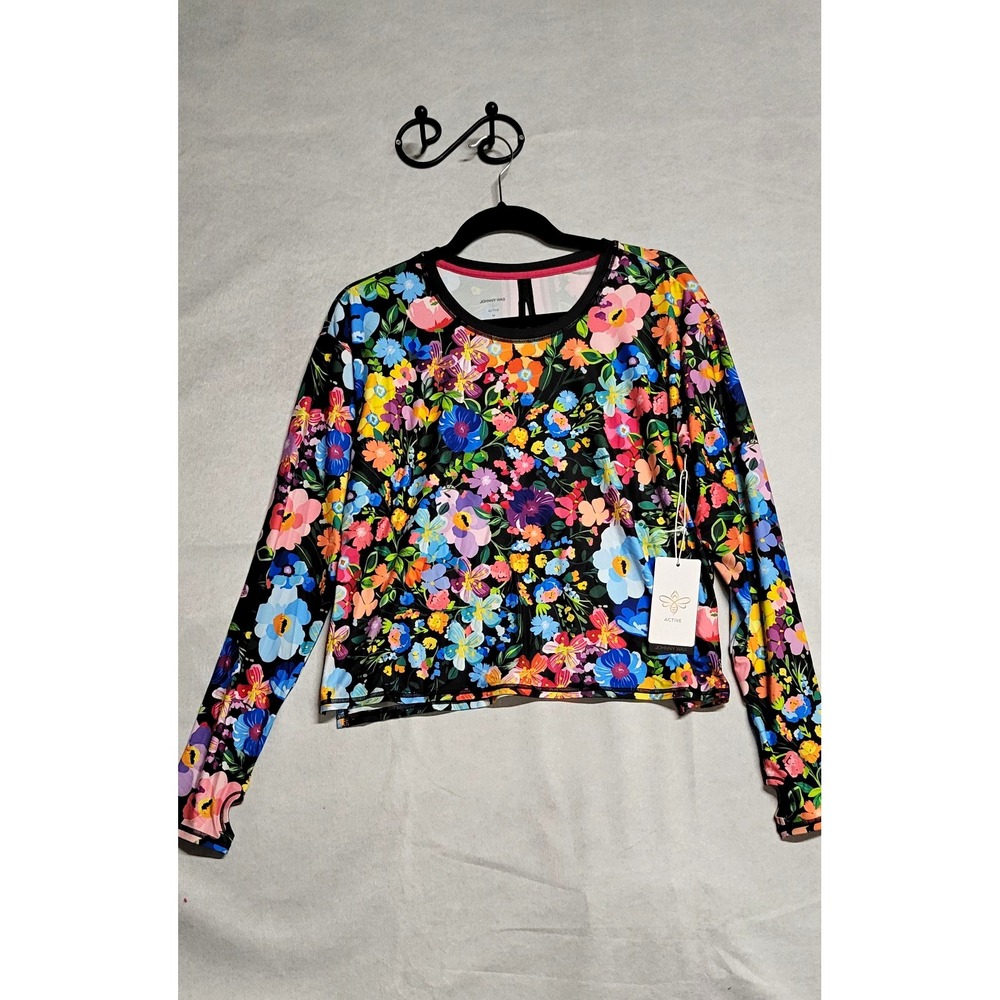Johnny Was Active Floral Long Sleeve Cropped Stretch Round Neck Pullover Top M